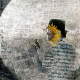 Refer a friend to Psychic Sophie. Gnosis. A bird is giving a message to a man with a sunflower face. real honest psychic Psychic Sophie